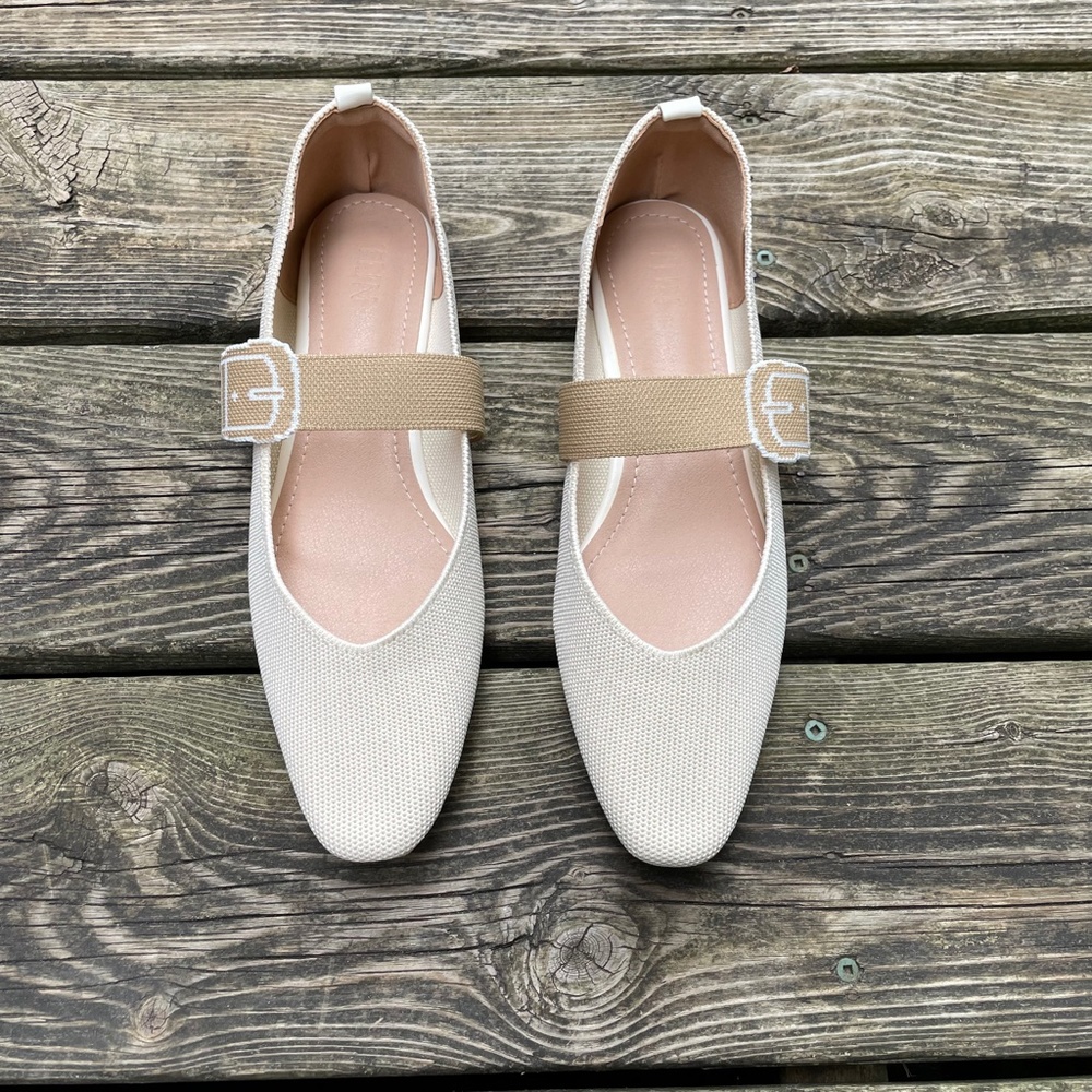 Women's Shoes: TIJN  Light Cream/Off-White Mary Jane Knit Ballet Flats
